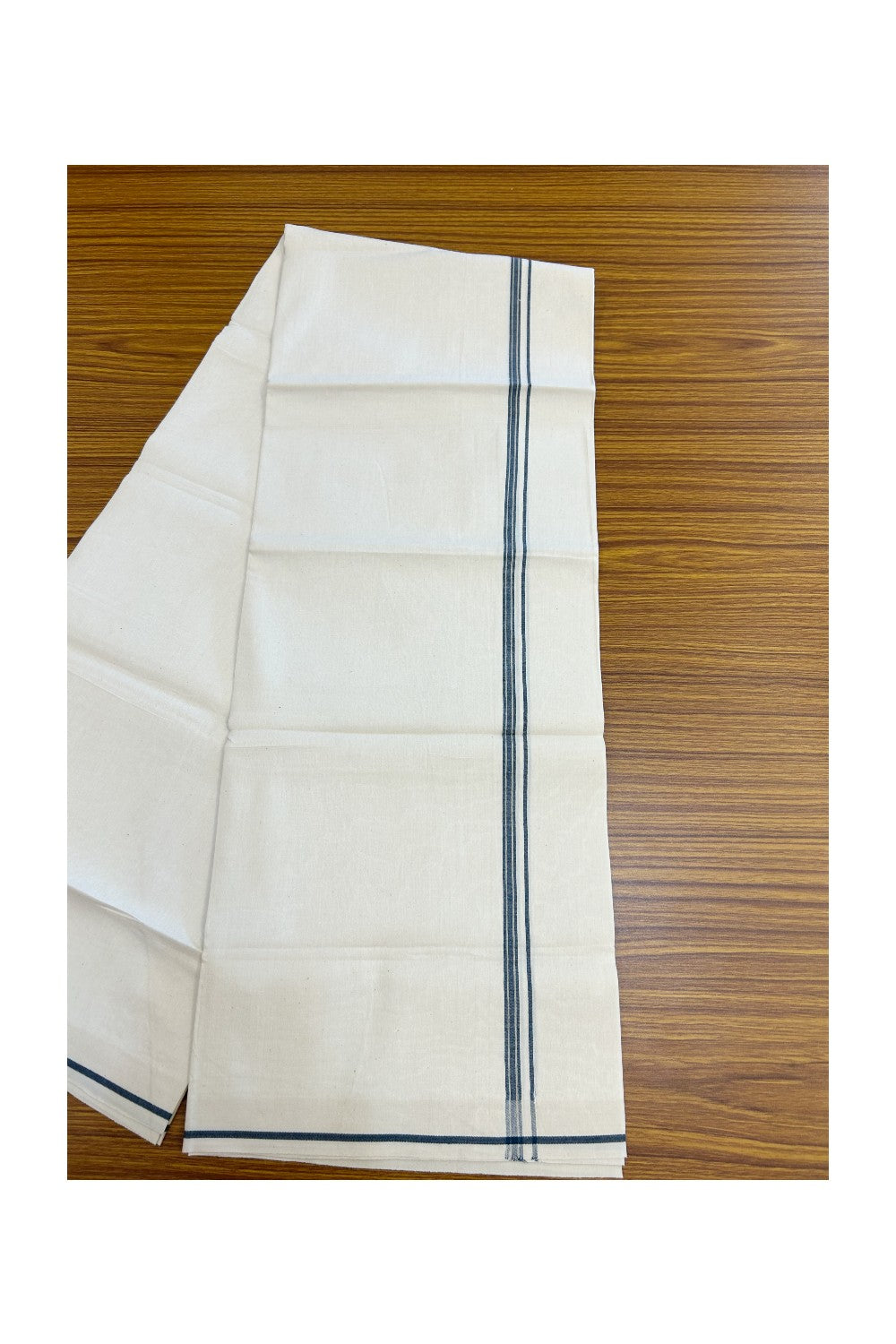 24% Discount !! KaithariKada Balaramapuram 100% Cotton OFF WHITE (Unbleached) Single Mundu/Dhoti - Twisted 60s Thread - 0.8 cm Navy blue shaded striped Kara (2 meter / 4 muzham) - 53KK5241 GL