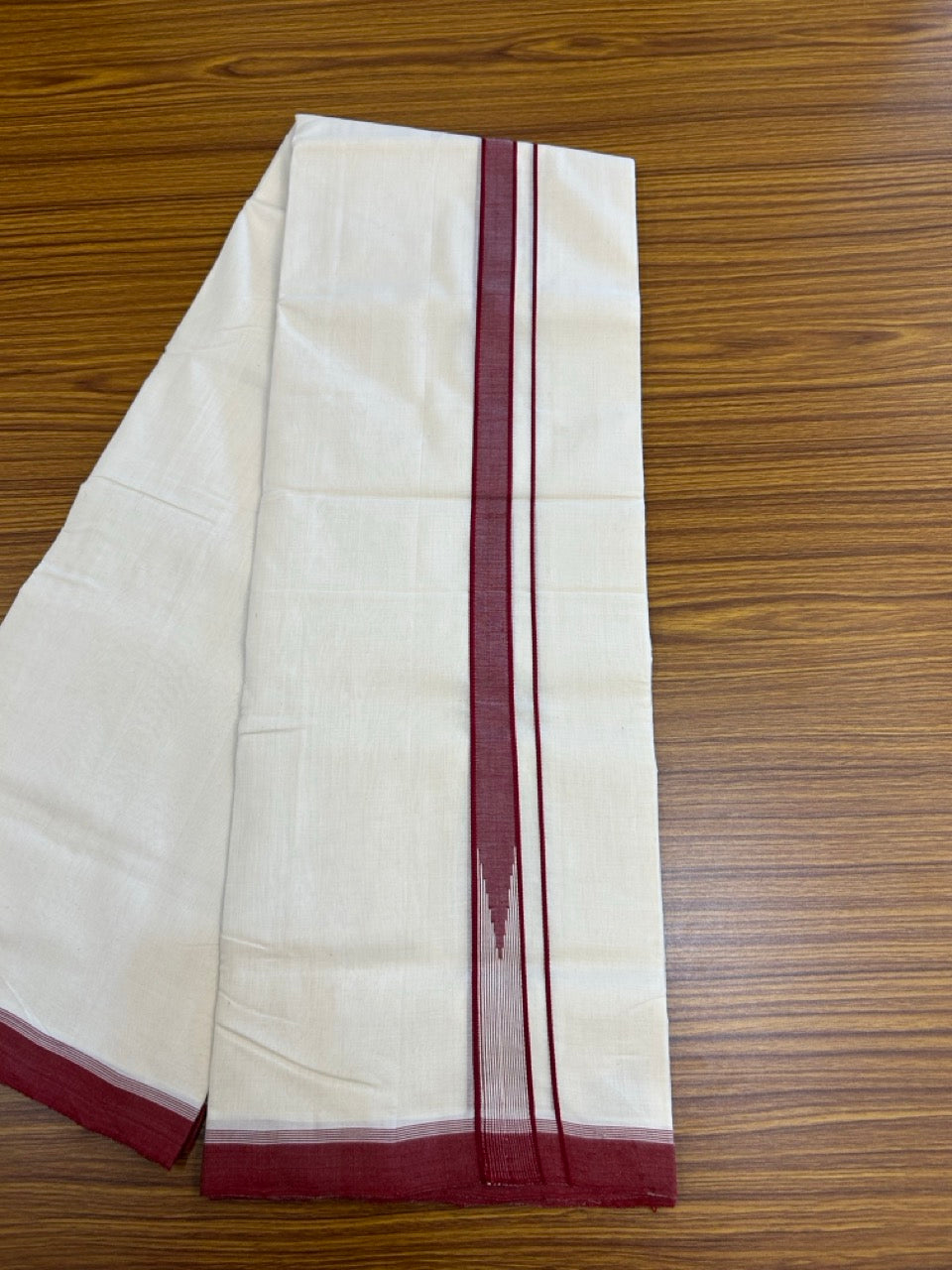 25% DISCOUNT!! KaithariKada HANDLOOM UNAKKUPAAV Balaramapuram - 100% PURE Cotton OFF White - (Unbleached) Double Mundu/Dothi - 100 x 80 - Maroon White Chutty Kara - 3.85meter - 24 KK5249 REA