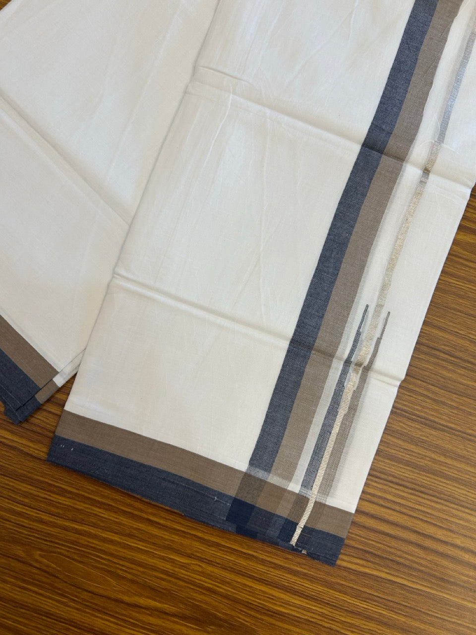 26% Discount ! NEW! KaithariKada Balaramapuram 100% Cotton Pure white Double Mundu/Dhoti - (100x80)s - Brown Navy Blue Chutty Silver Kasav - 24 KK5252 CKS