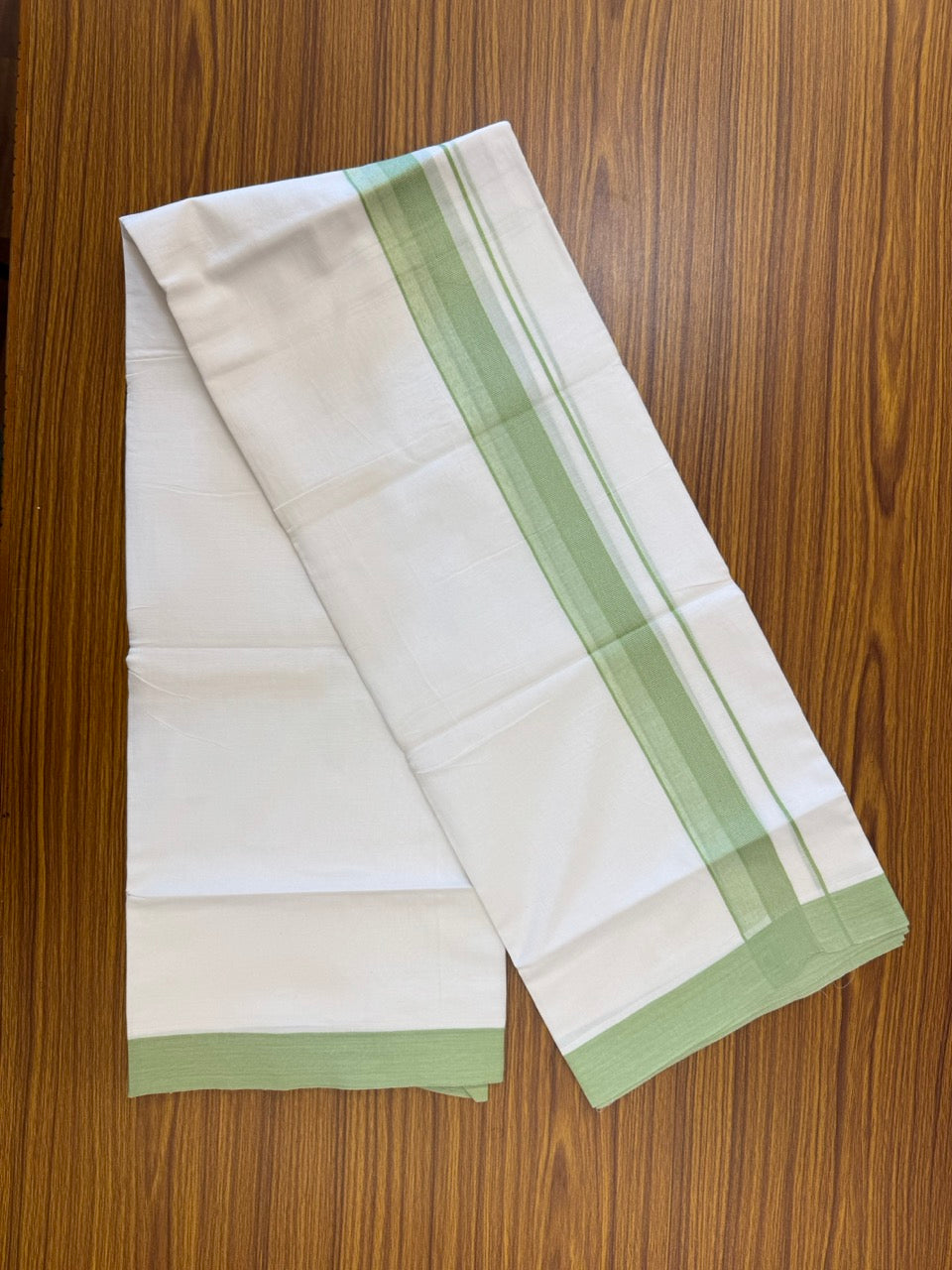 Short Dhoti Special - 28% Discount ! KaithariKada 100% Cotton Pure White Double Mundu / Dhoti - 100x80 - 45 inch Height 3.80 m Length 1.5 inch Light Green kara - 24 KK5258 THI