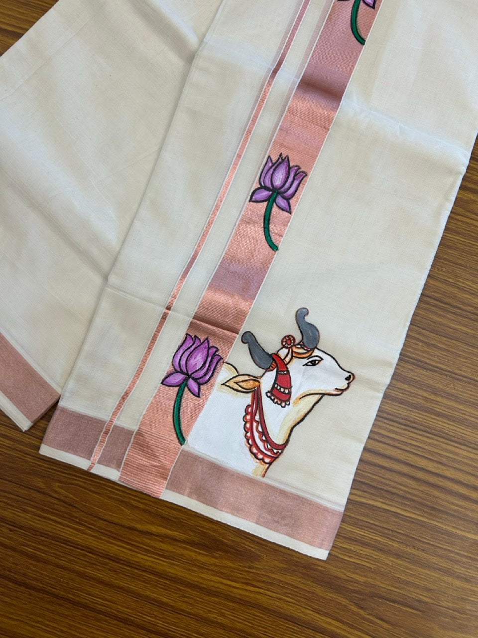 24% Discount! KaithariKada 100% Cotton Double Off white - (Ubleached) Mundu / Dhoti - 100x80 1.5 inch Copper Silver Kasavu & Hand Painted Nandi Lotus Flower - 24 KK5259 CKS