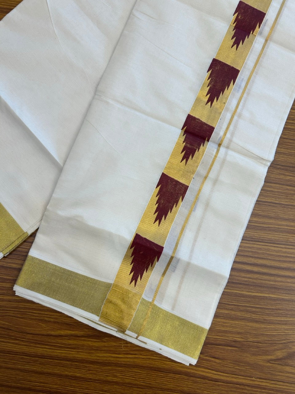 KaithariKada 100% Cotton Double Off White - (Ubleached) Mundu/Dhoti - 80x80 - 1.5 inch Gold Kasavu & Maroon Temple Printed Design Kara - 4 mtr (8 muzham)- 24 KK5262 STH