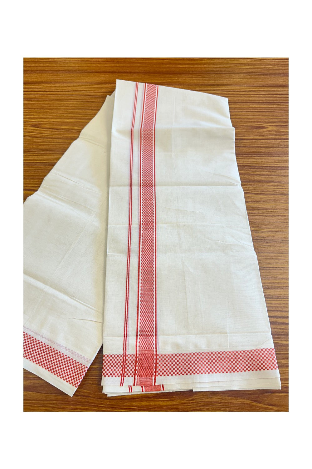 18% Discount! KaithariKada Balaramapuram 100% Cotton off white (Unbleached) Double Mundu/Dhoti - 100X100 Brick red check design kara - 24KK78PMC