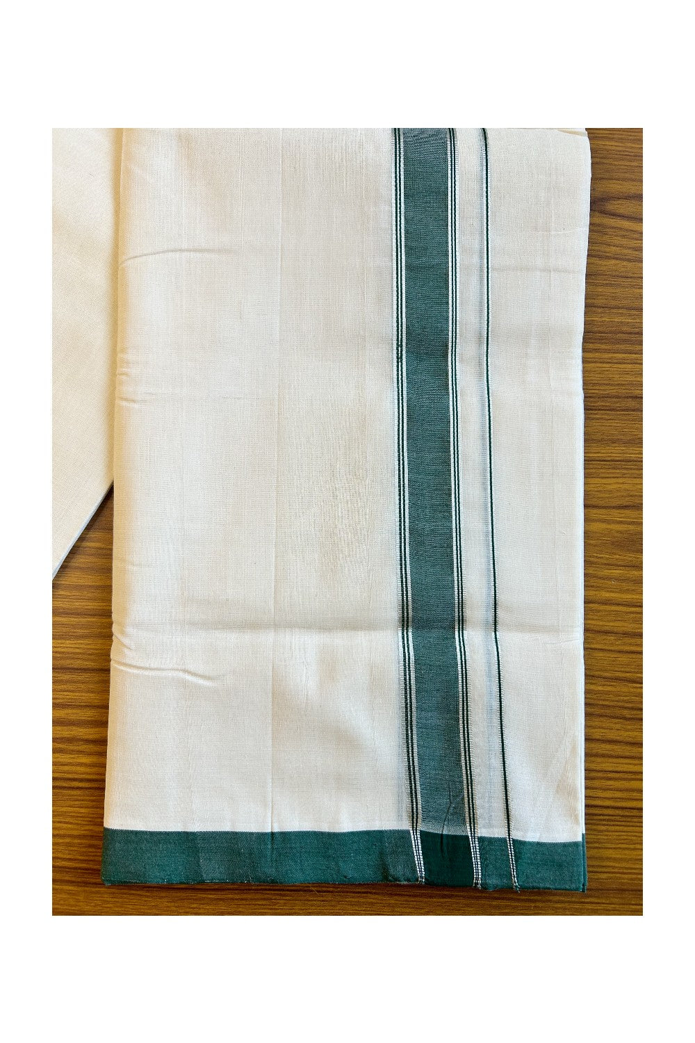 25% DISCOUNT!! KaithariKada HANDLOOM UNAKKUPAAV Balaramapuram - 100% PURE Cotton OFF White (Unbleached) Double Mundu/Dothi - 2 Inch Green & silver Kara - 24KK456KK