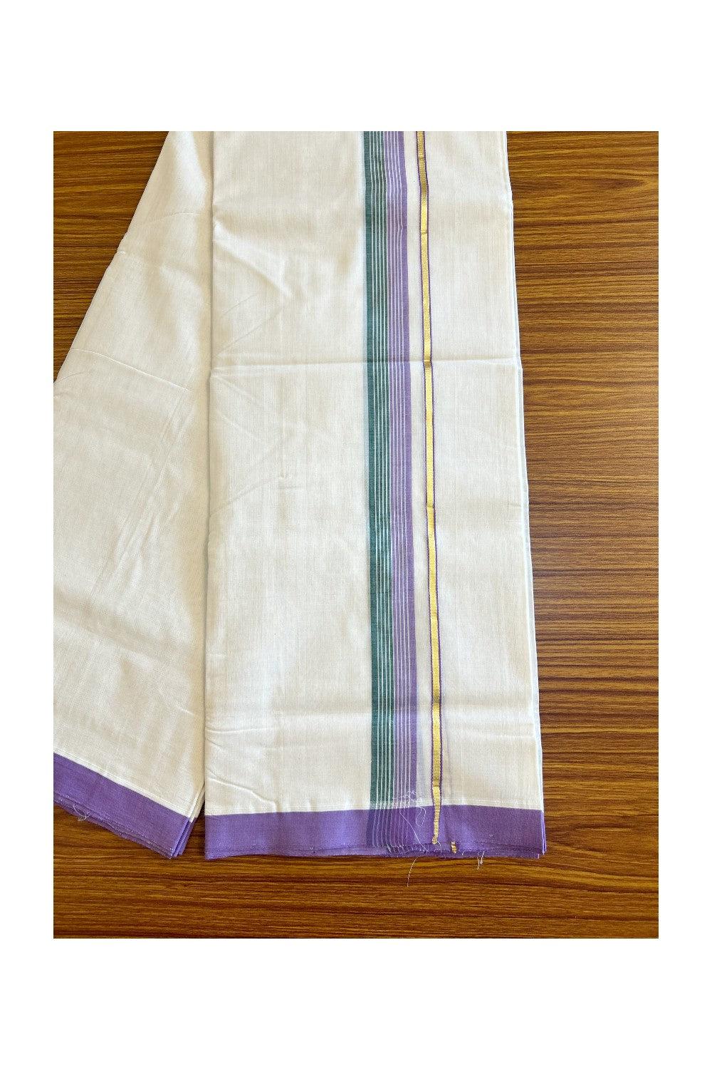 25% Discount!! KaithariKada Handloom Unakkupaav Balaramapuram - 100% Pure Cotton Off White (Unbleached) Double Mundu/Dothi - Kasav Lavender & Green kara with white stripes - 24KK458SOM