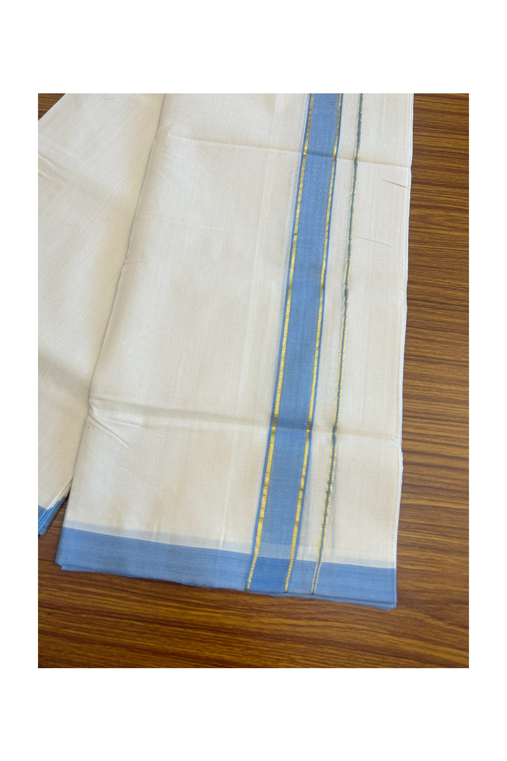 25% Discount KaithariKada HANDLOOM Unakkupaav Balaramapuram - 100% PURE Cotton Off White (Unbleached) - 100x100 Double Mundu/Dhoti - 2 inch Kasavu & Sky Blue Kara- 101