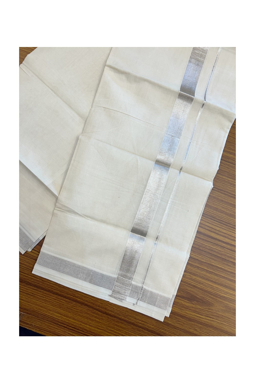 20% DISCOUNT! KaithariKada Balaramapuram 100% Cotton Off white (Unbleached) Double Mundu/Dhoti- 80x90 - 1 inch Silver Kasavu kara - 22KK5182VAS