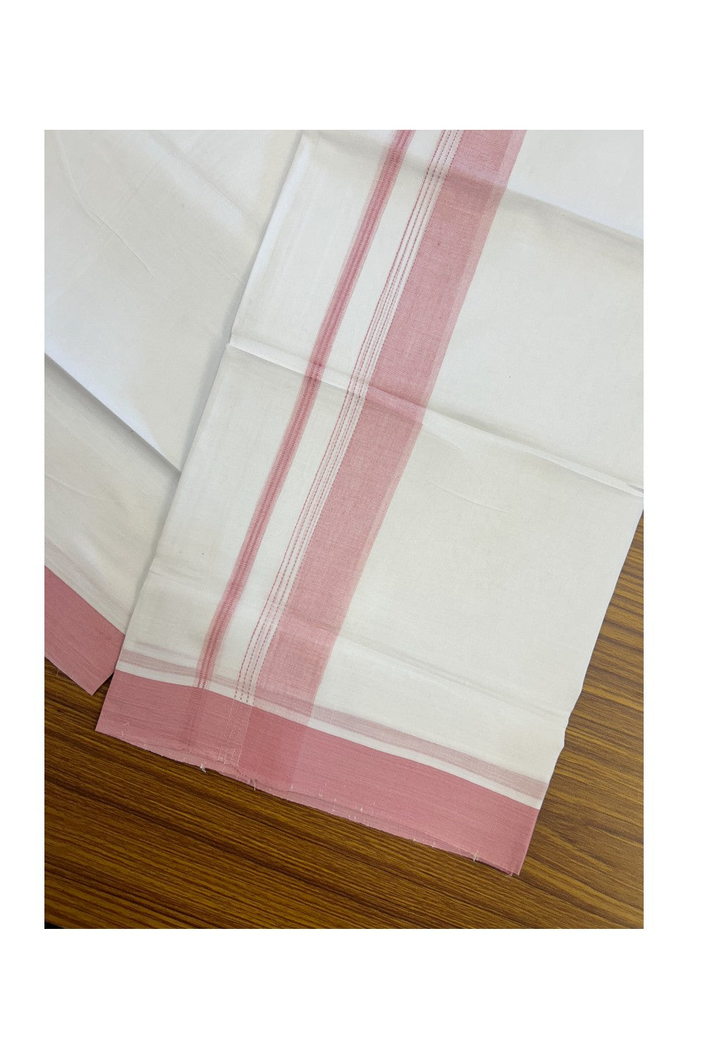 20% Discount ! Kaitharikada Balaramapuram 100% Cotton PURE WHITE Double Mundu/Dothi - 100x80 - 1.75 inch Baby Pink Shaded Striped Kara - 24KK5183VIN