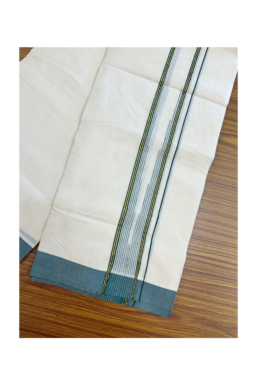 20% DISCOUNT !! KaithariKada Balaramapuram 100% Pure Cotton Double Off white - (Unbleached) Mundu/Dhoti-100x80 - 2 inch Puliyilakkara Gold Kasavu & Dark green Shaded Stripes Chutty Kara - 24KK5186CKS