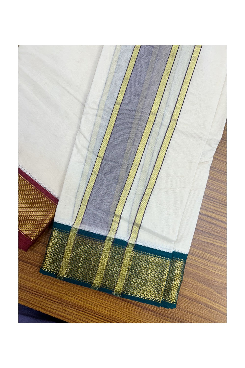 Panchakacham Dhoti - 20% DISCOUNT! KaithariKada 100% Cotton Off White - (Unbleached) 100x100 thread - NORTH INDIAN- ATTACHED GAMCHA 10X6 Dhoti 2.75 inch Dark Brown kara with Maroon & Dark Green Kasavu border - 24KK5196PMC