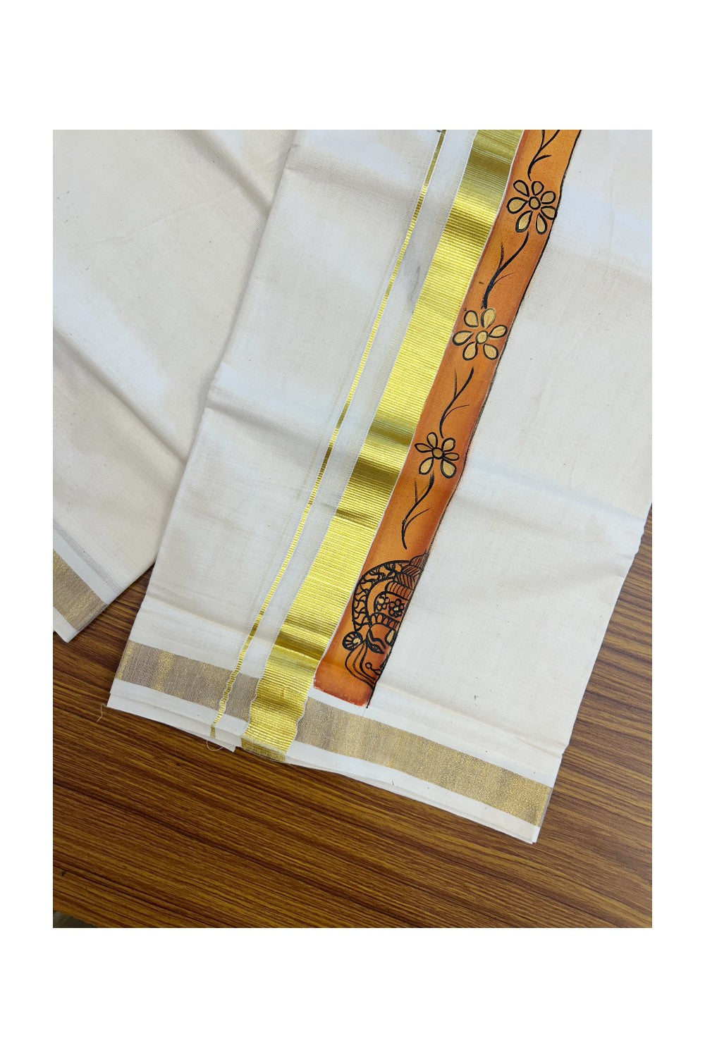 29% Discount! KaithariKada Balaramapuram 100% Cotton off white Double - (Unbleached) Mundu/Dhoti- 80x90 - Gold Kasavu HAND PAINT Orange & Yellow Kathakali Flower Pattern 2.25 inch Kara - 24KK5212 VIN