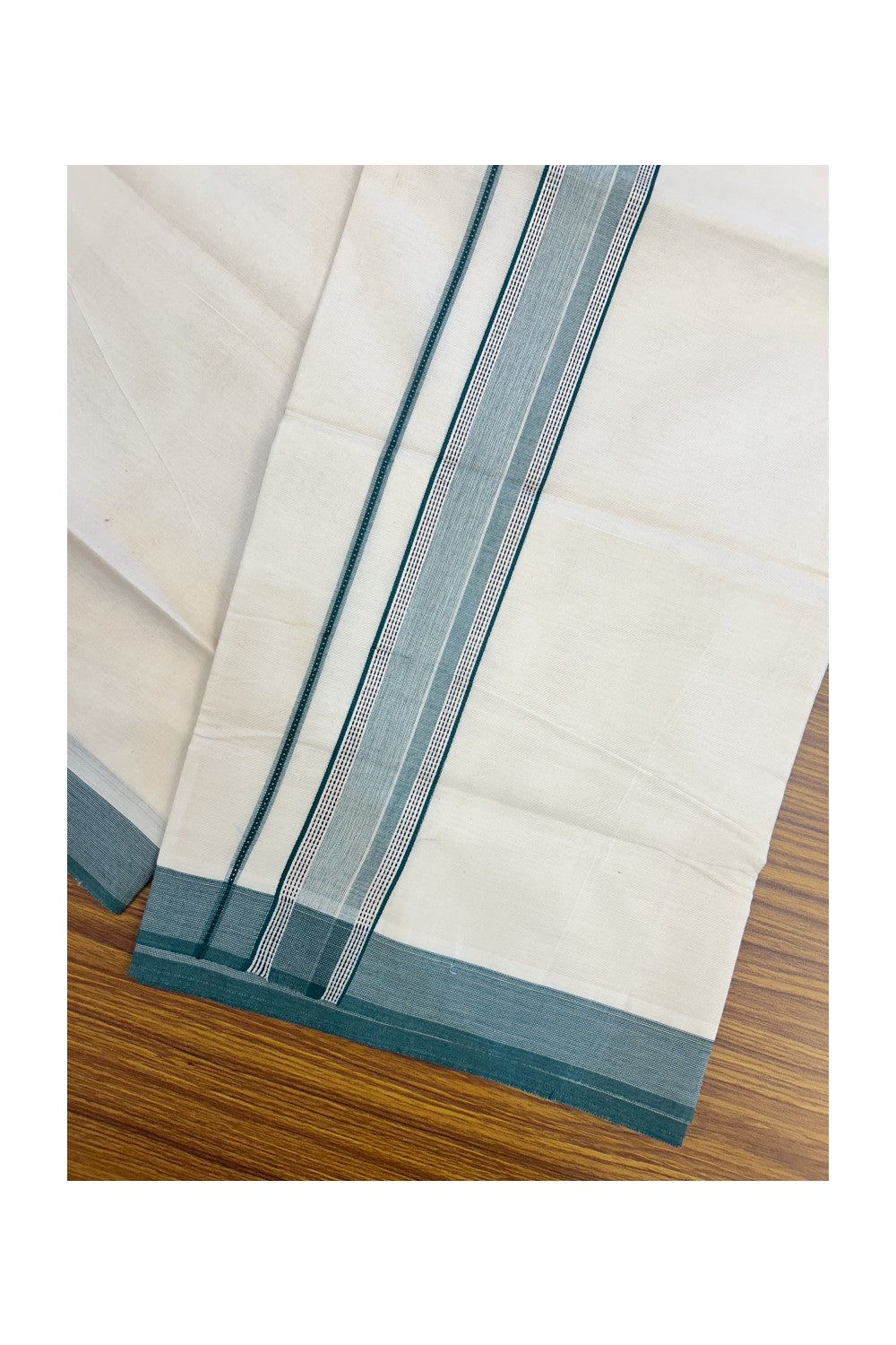 20% DISCOUNT ! KaithariKada Balaramapuram 100% Cotton OFF WHITE (Unbleached) Double Mundu/Dhoti - 100X80 - 1.75 inch Dark Green & Black Shaded Designer Kara - 24KK5213 VIN