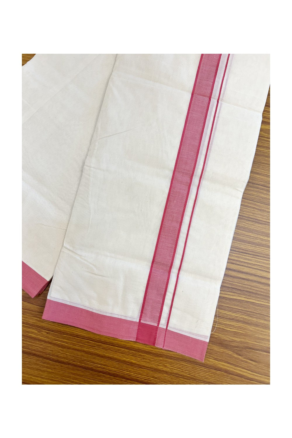 NEW !! 20% DISCOUNT!! KaithariKada Balaramapuram 100% Cotton Double Off white - (Unbleached) Mundu/Dhoti-100x80 - 1.25 inch Rose Pink Shaded KARA - 3.75 mtr (8 Muzham) - 24KK5218 ASH