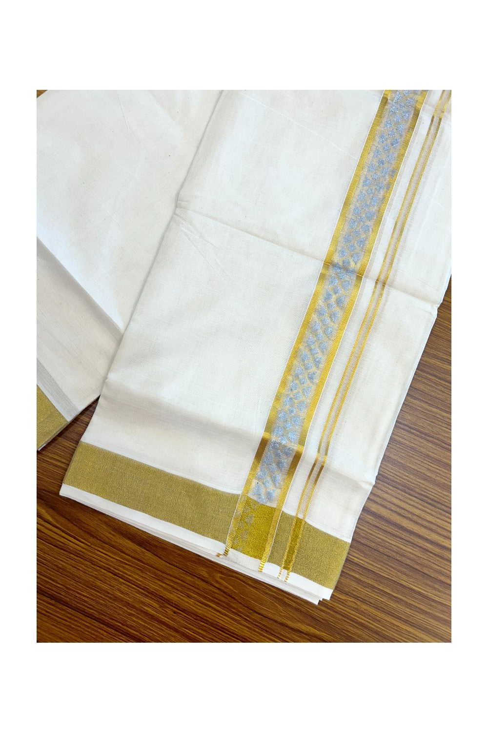 22% Discount!! KaithariKada Balaramapuram 100% Cotton DOUBLE OFF WHITE - (Ubleached) Mundu/Dhoti - 80x90 - 1.5 inch Gold Kasavu with Silver Printed Design Kara - 24KK5219 GAN
