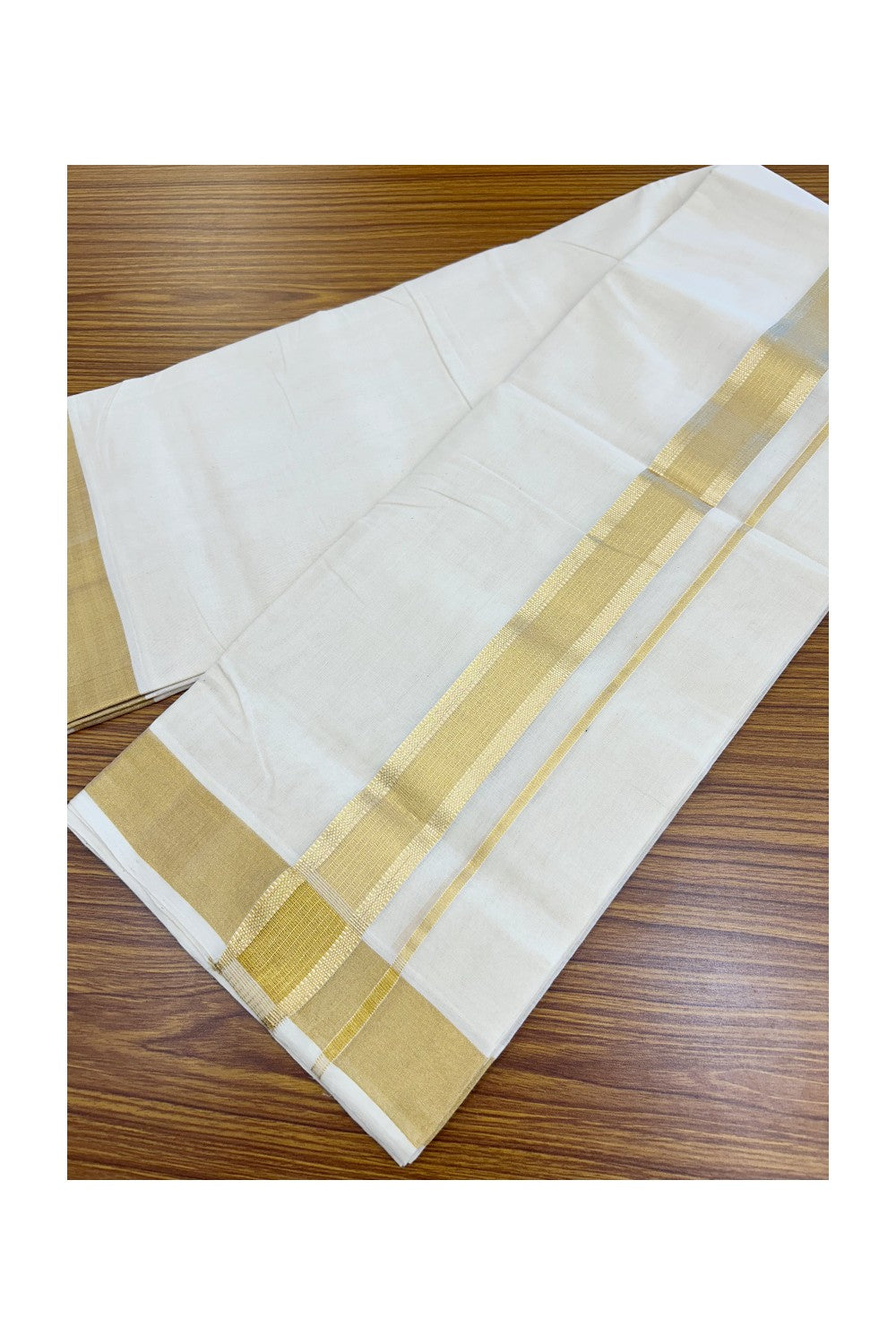 25% DISCOUNT ! KaithariKada HANDLOOM UNAKKUPAAV Balaramapuram - 100% PURE Cotton OFF WHITE (Unbleached) Double Mundu/Dhoti - 80x90 - 2 inch Gold Kasavu Striped Design Kara 4mtr (8.5 muzham) - 24KK5234 RAM