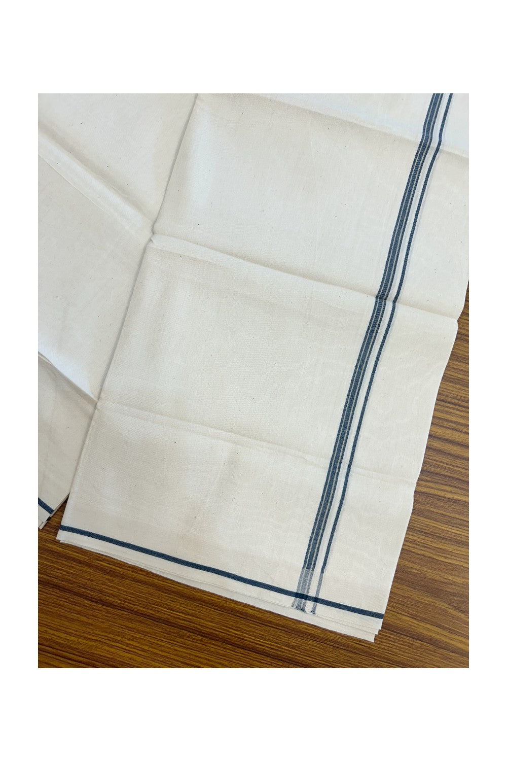 24% Discount !! KaithariKada Balaramapuram 100% Cotton OFF WHITE (Unbleached) Single Mundu/Dhoti - Twisted 60s Thread - 0.8 cm Navy blue shaded striped Kara (2 meter / 4 muzham) - 53KK5241 GL