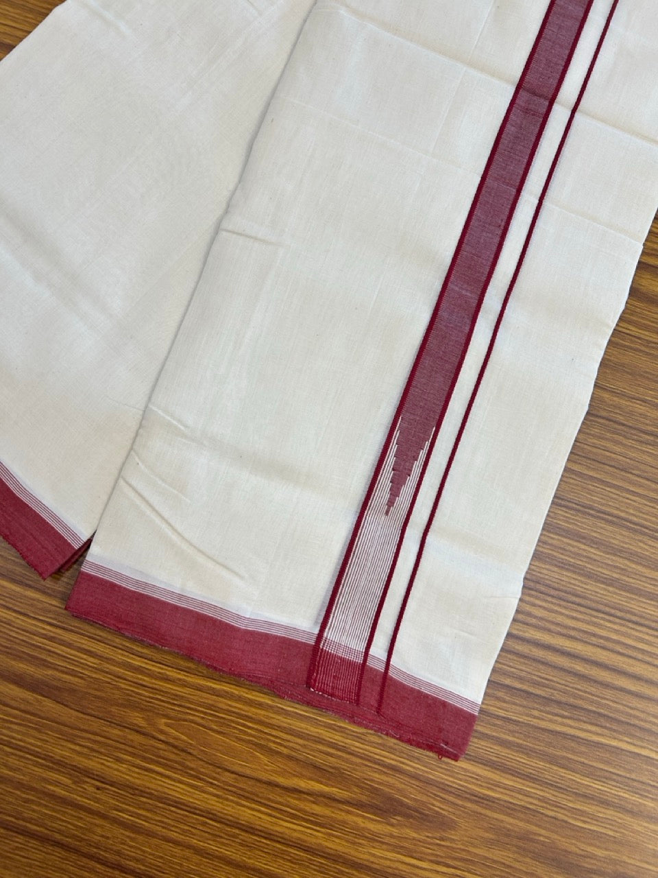 25% DISCOUNT!! KaithariKada HANDLOOM UNAKKUPAAV Balaramapuram - 100% PURE Cotton OFF White - (Unbleached) Double Mundu/Dothi - 100 x 80 - Maroon White Chutty Kara - 3.85meter - 24 KK5249 REA