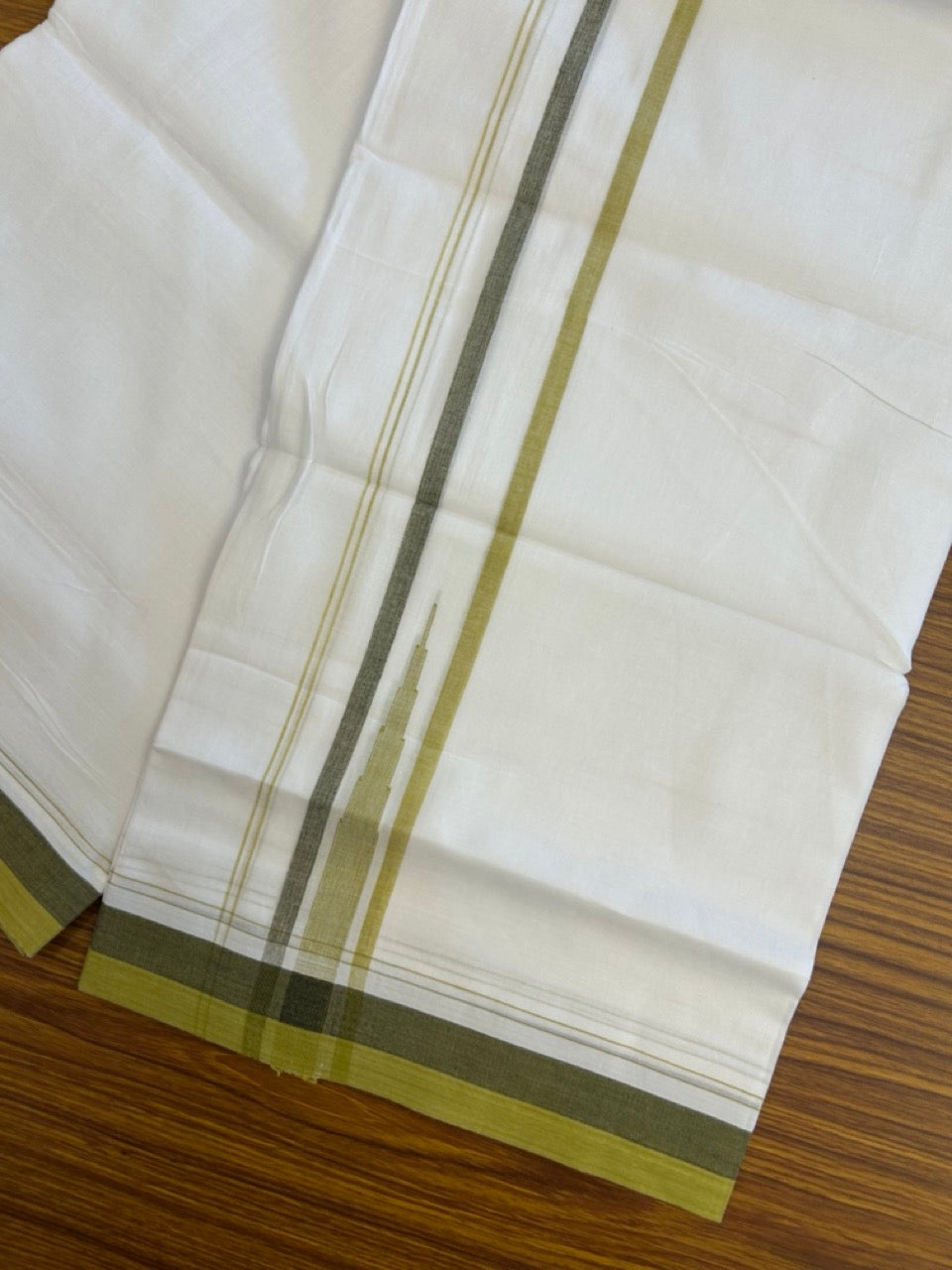 20% Discount ! NEW! KaithariKada Balaramapuram 100% Cotton Pure white Double Mundu/Dhoti - (100x80)s - 1.5 inch Mustard Yellow Sage Green chutty - 24 KK5249 VIN