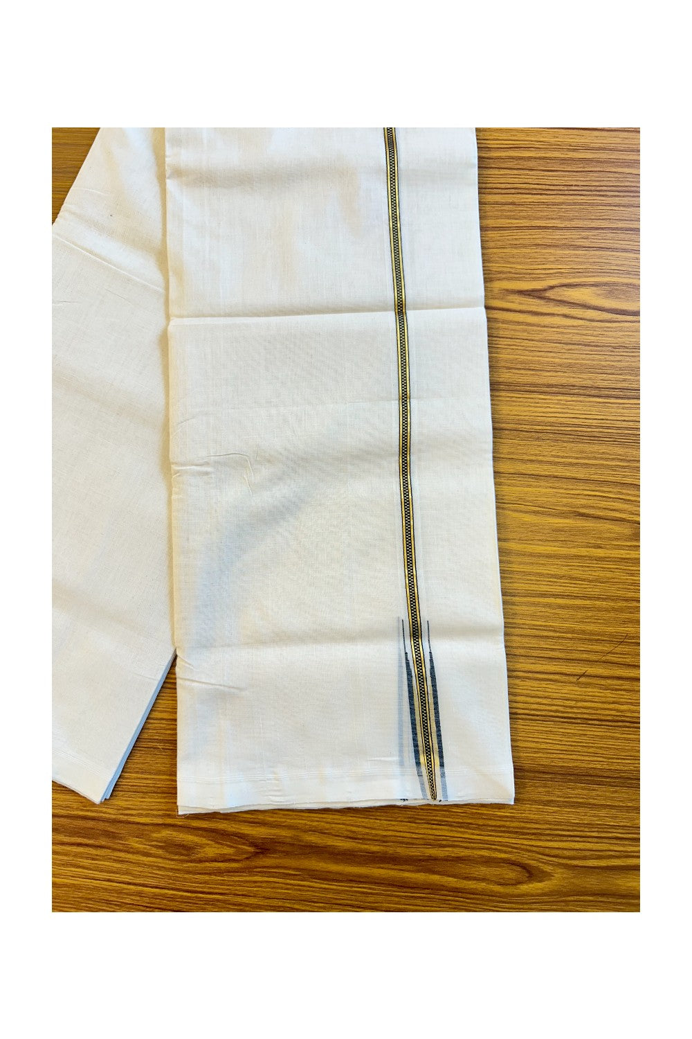 25% Discount!! KaithariKada Handloom Unakkupaav Balaramapuram - 100% Pure Cotton OFF White (Unbleached) Double Mundu/Dothi - Kasavu black Muthukkuri Chutty Puliyilakkara - 24KK72RAM