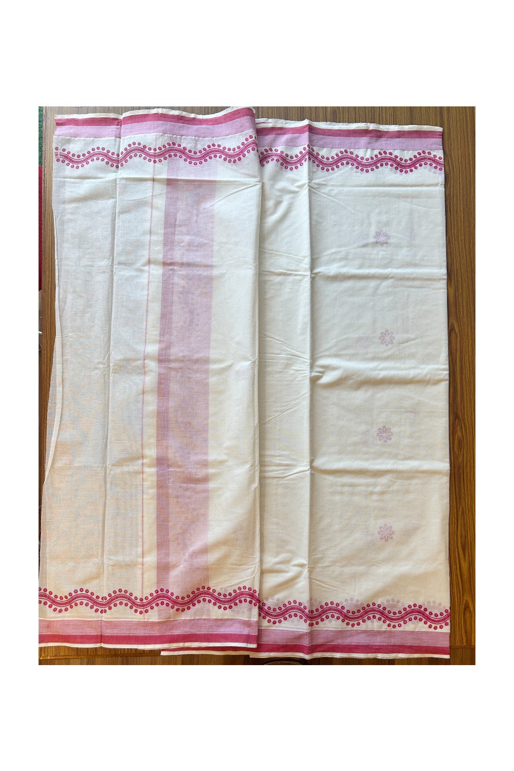 25% Discount! Kaitharikada Kerala Saree - Cotton Off white - Pink Deep Kara with Floral Prints - 24KK300VIN
