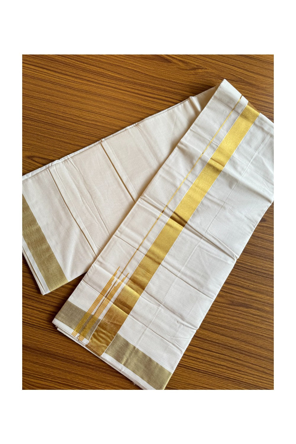29% DISCOUNT! KaithariKada Balaramapuram 100% Cotton Off white (Unbleached) Double Mundu/Dhoti-100x100 1.25 inch Puliyilakkara Printed Chutty Kasavu Kara- 25KK424CEE
