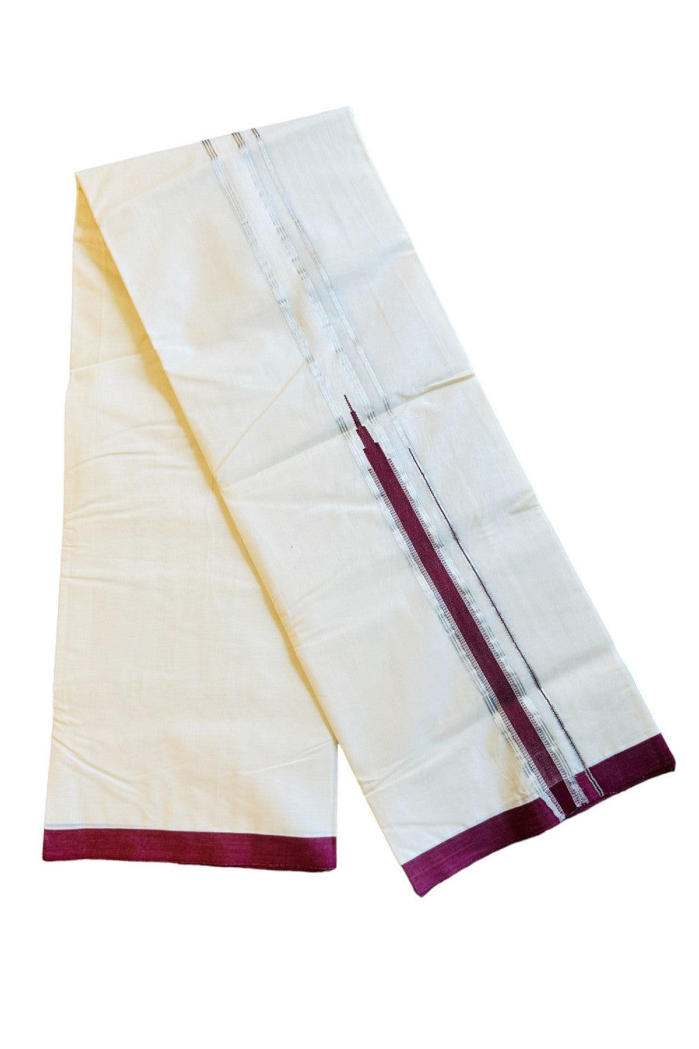 31% DISCOUNT! KaithariKada Balaramapuram 100% Cotton Double Off white - (Unbleached) Mundu/Dhoti-100x100 2 inch Chutty Heavy Designer Dark Maroon & SILVER Kasavu Kara - 25KK411ASH