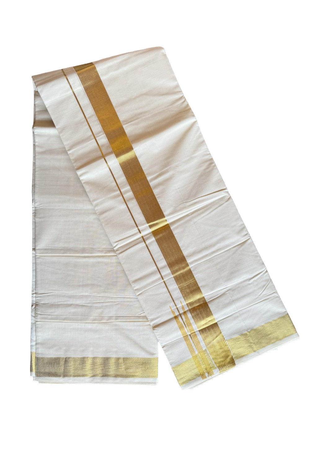 29% DISCOUNT! KaithariKada Balaramapuram 100% Cotton Off white (Unbleached) Double Mundu/Dhoti-100x100 1.25 inch Puliyilakkara Printed Chutty Kasavu Kara- 25KK424CEE