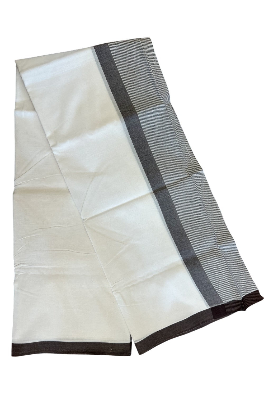 28% DISCOUNT!! KaithariKada Balaramapuram 100% Cotton PURE WHITE Double Mundu/Dhoti-100x100 - 5 inch Brown & white striped kara - 25KK5043ASH
