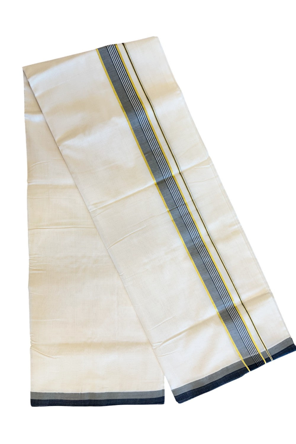 30% Discount KaithariKada HANDLOOM Unakkupaav Balaramapuram - 100% PURE Cotton Off White (Unbleached) Double Mundu/Dhoti - 2 inch Kasavu & Olive Ash Stripes-207