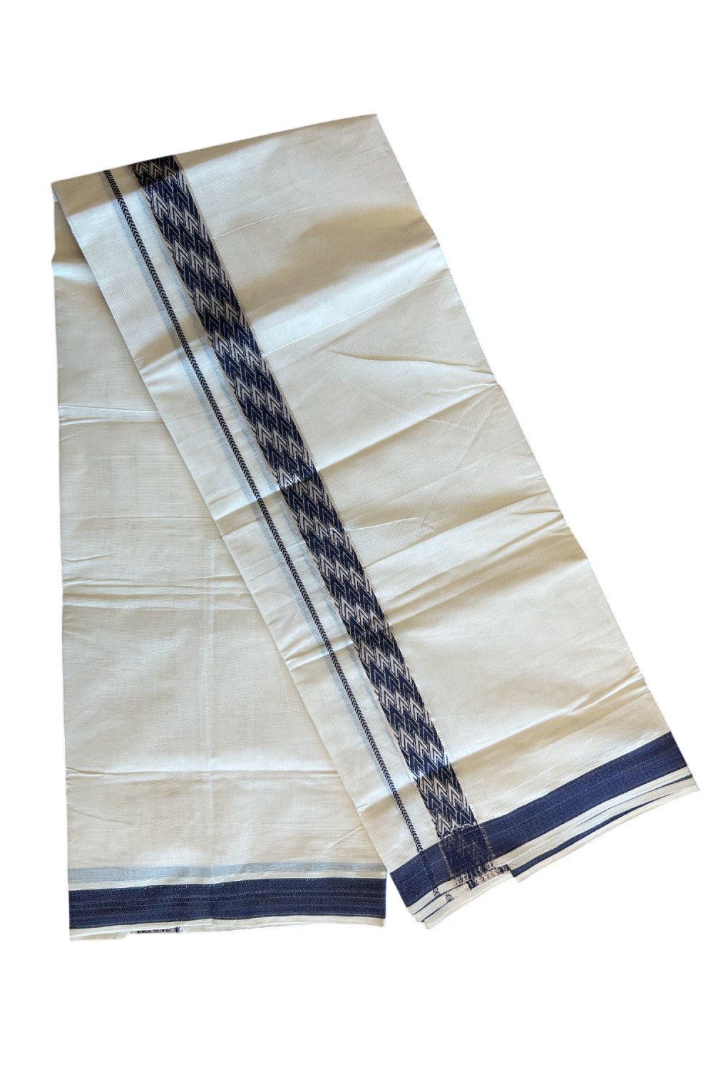 20% DISCOUNT ! KaithariKada Balaramapuram 100% Cotton Double off white (Unbleached) Mundu/Dhoti - 100X90 - 2 inch Silver kasavu & Navy Blue jacquard design kara - 25KK5113PMC