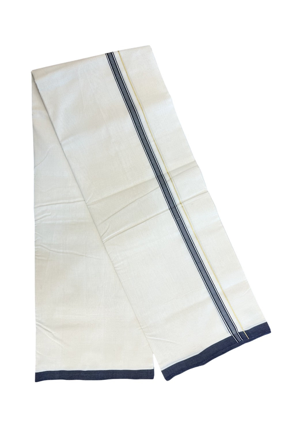 25% DISCOUNT!! KaithariKada HANDLOOM UNAKKUPAAV Balaramapuram - 100% PURE Cotton OFF White - (Unbleached) Double Mundu/Dothi - 100x100 - PURE KASAVU 0.5 inch Navy blue pattern kara 3.80 meter (8.5 Muzham) - 28KK5167REA