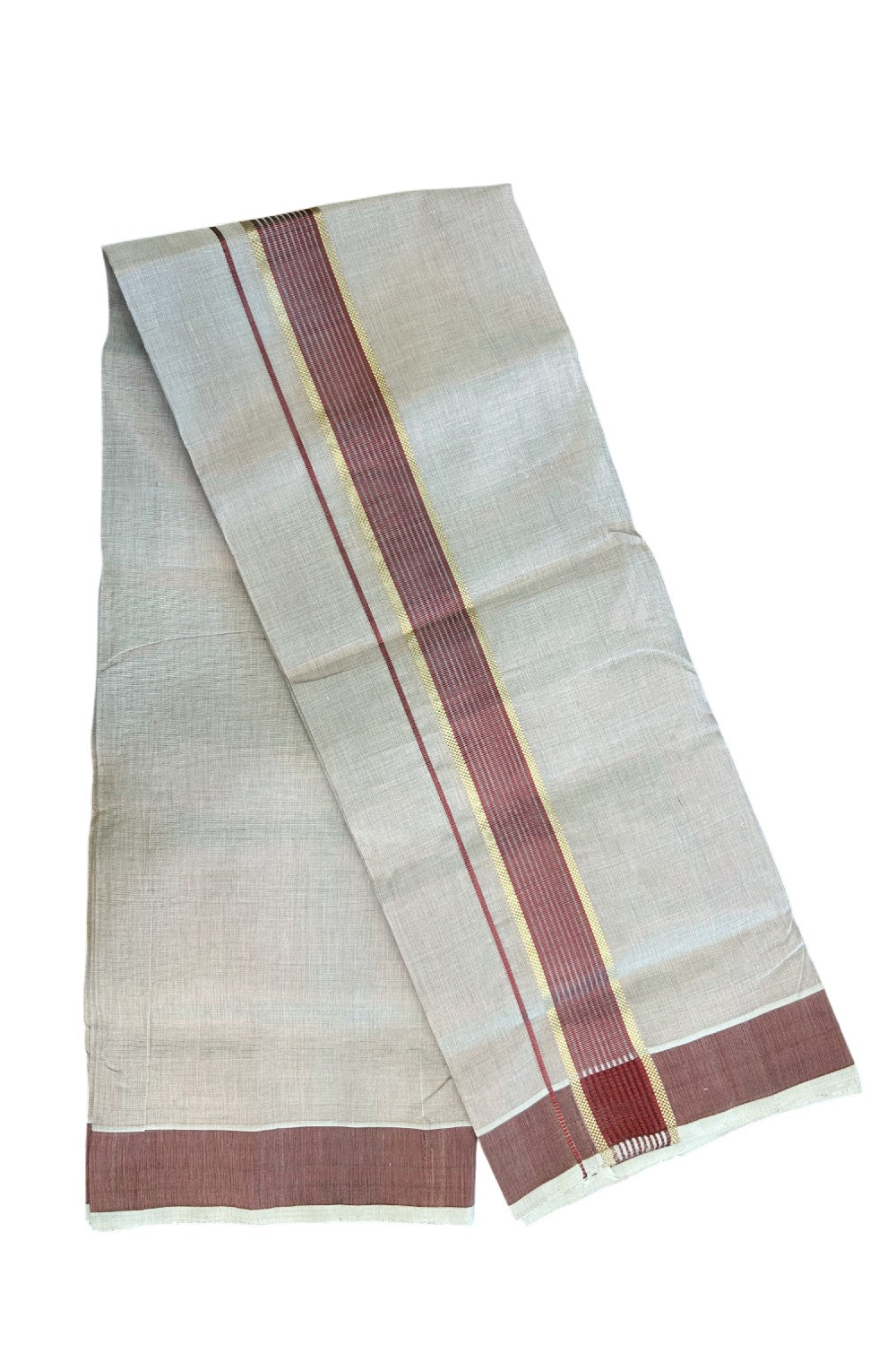 25% DISCOUNT! KaithariKada HANDLOOM MILLPAAV Balaramapuram - 100% PURE Cotton Off White (Unbleached) - Double Mundu/Dhoti - 2 inch Gold Kasavu striped kara & Maroon Tissue Body - 27KK5170RAM