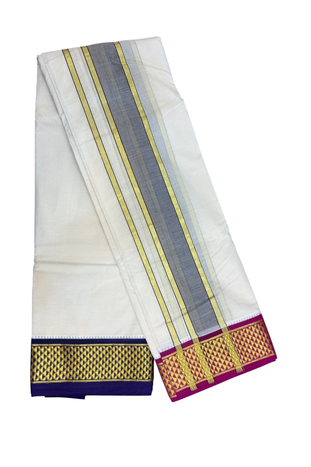 20% DISCOUNT! KaithariKada 100% Cotton Off White - (Unbleached) 100x100 thread - NORTH INDIAN- ATTACHED GAMCHA 9x5 Dhoti 2.75 inch Magenta & Deep Violet Kasavu border -25KK5196PMC