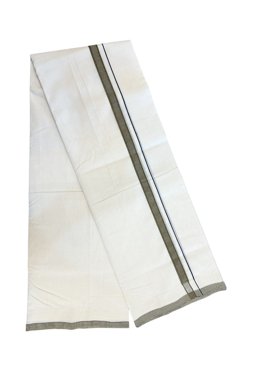 25% DISCOUNT!! KaithariKada HANDLOOM UNAKKUPAAV Balaramapuram - 100% PURE Cotton OFF White - (Unbleached) Double Mundu/Dothi - 80X100 - 0.75 inch Mustard Yellow & Black Striped Kara 3.80 meter (8.5 Muzham) - 25KK5209 REA