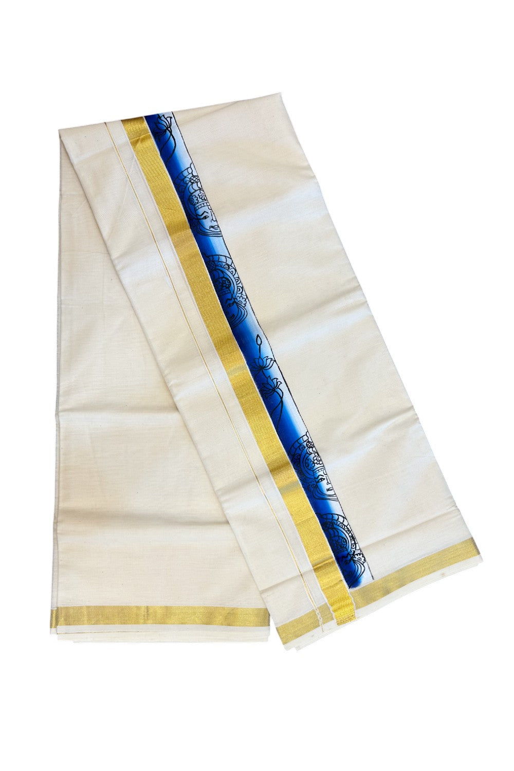 29% Discount! KaithariKada Balaramapuram 100% Cotton off white Double - (Unbleached) Mundu/Dhoti- 80x90 - Gold Kasavu HAND PAINT Dark Blue & Sky Blue Kathakali Flower Pattern 2.25 inch Kara - 25KK5212 VIN