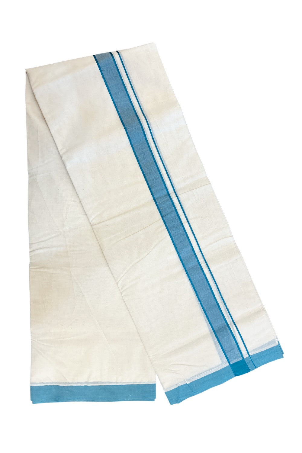 NEW !! 20% DISCOUNT!! KaithariKada Balaramapuram 100% Cotton Double Off white - (Unbleached) Mundu/Dhoti-100x80 - 1.25 inch Teal Blue Shaded KARA - 3.75 mtr (8 Muzham) - 25KK5218 ASH
