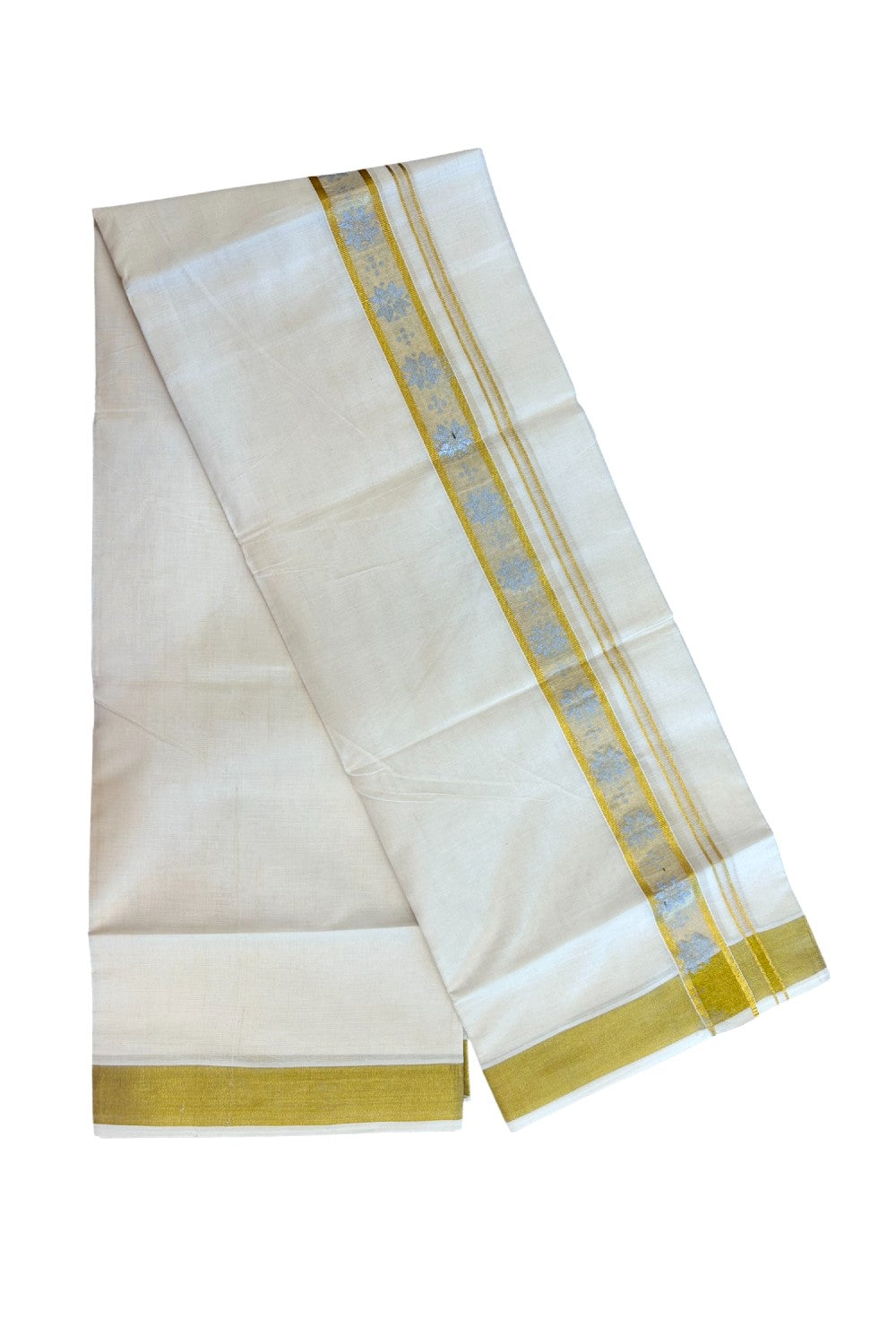 22% Discount!! KaithariKada Balaramapuram 100% Cotton DOUBLE OFF WHITE - (Ubleached) Mundu/Dhoti - 80x90 - 1.5 inch Gold Kasavu with Silver Floral Printed Design Kara - 25KK5219 GAN