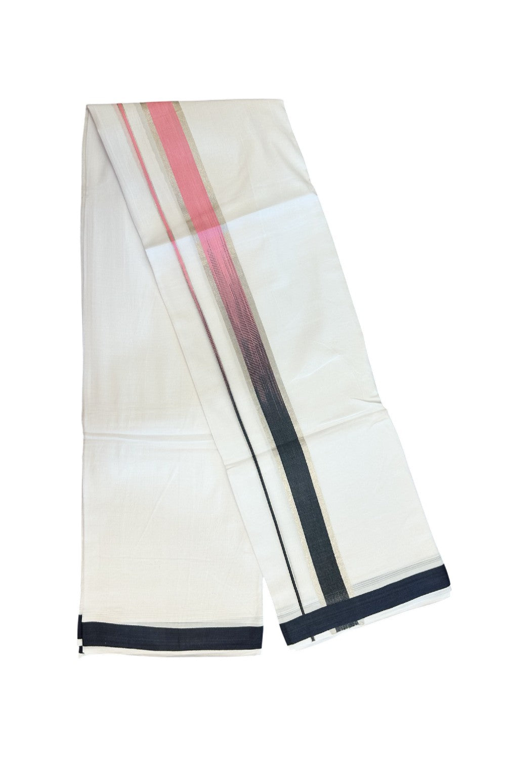 20% Discount!!! KaithariKada Balaramapuram Double PURE WHITE RAINBOW Mundu/Dhoti - 100X80 - 1.75 inch Silver Kasavu Pink & Black shaded Striped Designer Kara - 25KK5220 THI