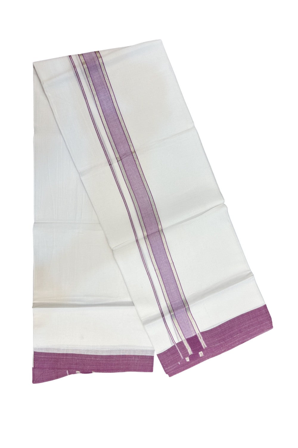 20% DISCOUNT! KaithariKada Balaramapuram 100% Cotton Double Pure white Mundu/Dhoti- 60s - 1.5 inch Silver Kasavu & Dusty Violet Shaded Kara - 3.86mtr ( 8 muzham) - 25KK5227 PMC