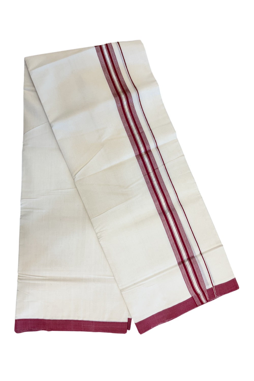 25% Discount!!! KaithariKada HANDLOOM MILLPAAV Balaramapuram - 100% PURE Cotton OFF WHITE (Unbleached) Double Mundu/Dhoti - 80x90 - 1.5 inch Silver kasavu Maroon striped kara 4 Mtr (8.5 Muzham) - 25KK5235 YAR