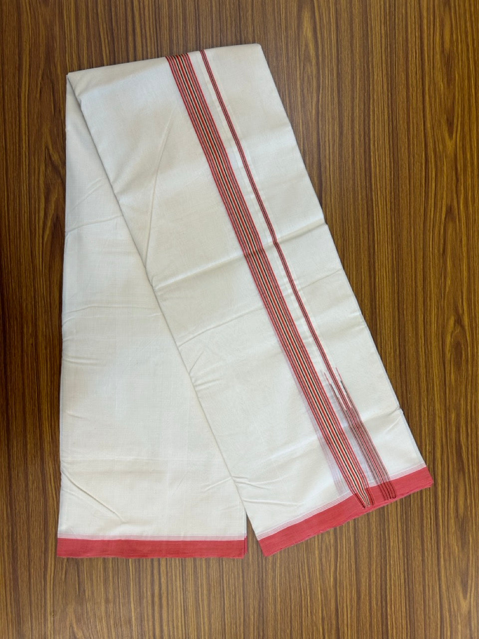 25% DISCOUNT!! KaithariKada HANDLOOM UNAKKUPAAV Balaramapuram - 100% PURE Cotton OFF White - (Unbleached) Double Mundu/Dothi - 100 x 80 - Pink Red Black Cream Chutty Kara - 3.85meter - 25 KK5249 REA