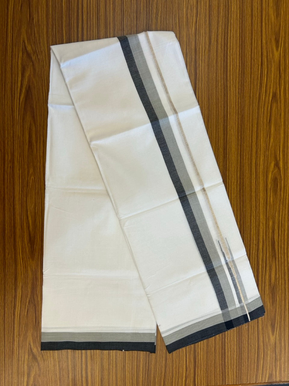 26% Discount ! NEW! KaithariKada Balaramapuram 100% Cotton Pure white Double Mundu/Dhoti - (100x80)s - Ash Black Chutty Silver Kasav - 25 KK5252 CKS