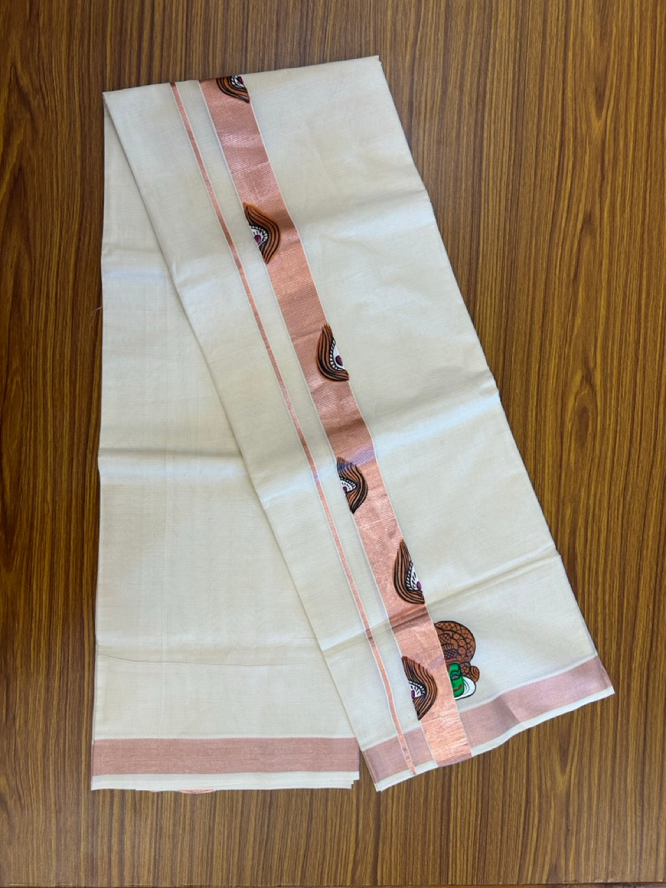 24% Discount! KaithariKada 100% Cotton Double Off white - (Ubleached) Mundu / Dhoti - 100x80 1.5 inch Copper Silver Kasavu & Hand Painted Kathakali Peacock - 25 KK5259 CKS