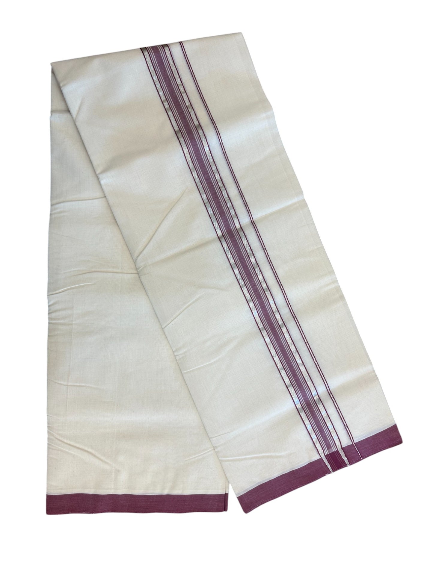 25% DISCOUNT!! KaithariKada HANDLOOM Millpaav Balaramapuram - 100% PURE Cotton OFF White Double - (Unbleached) Mundu/Dothi - 1.75 Inch Silver Kasav Maroon kara - 25kk5153RAM