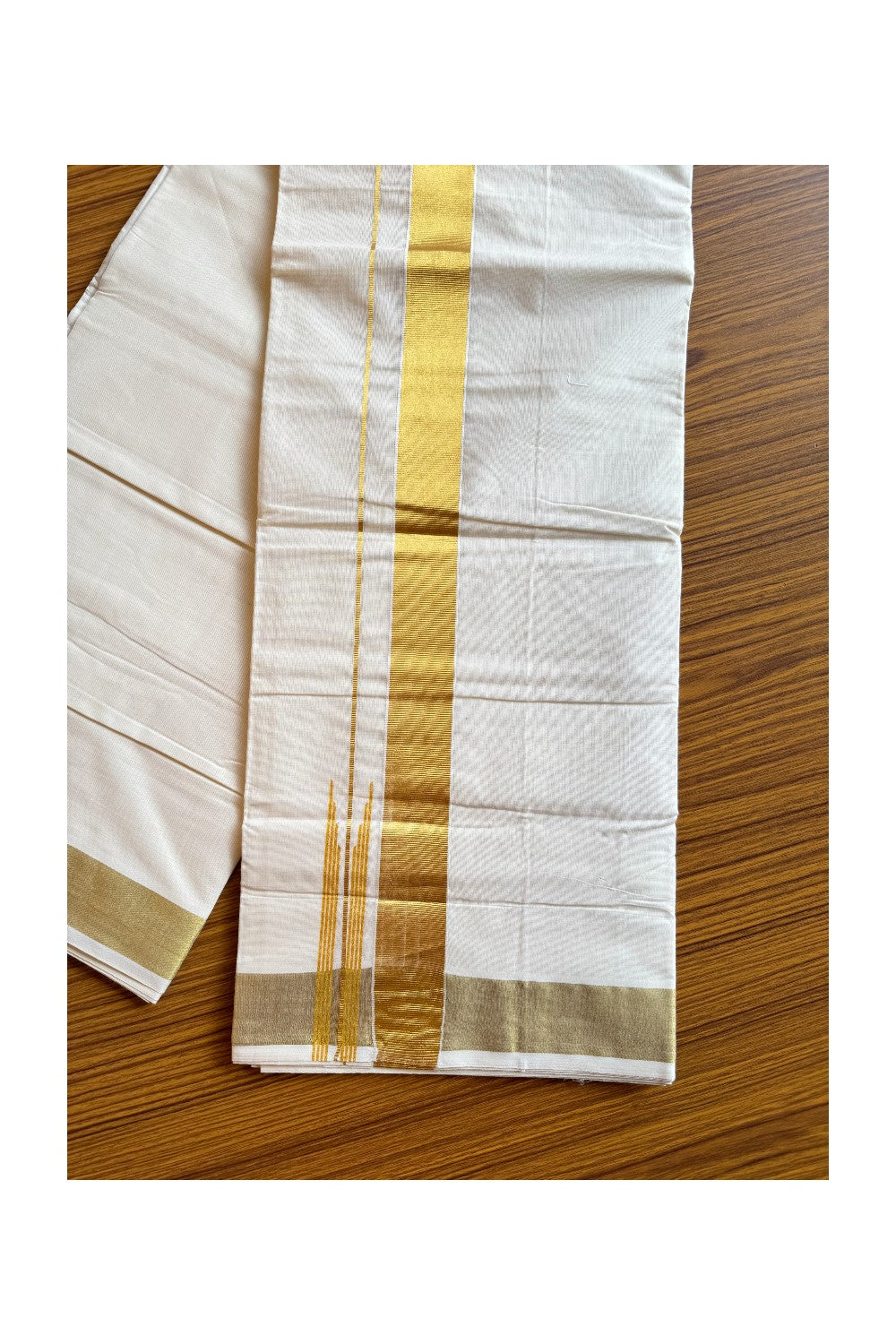 29% DISCOUNT! KaithariKada Balaramapuram 100% Cotton Off white (Unbleached) Double Mundu/Dhoti-100x100 1.25 inch Puliyilakkara Printed Chutty Kasavu Kara- 25KK424CEE