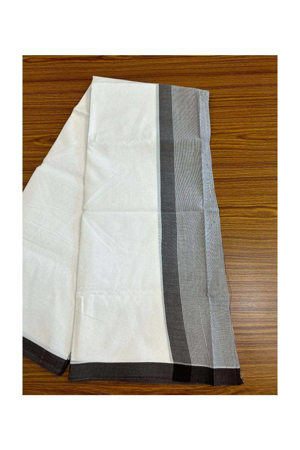 28% DISCOUNT!! KaithariKada Balaramapuram 100% Cotton PURE WHITE Double Mundu/Dhoti-100x100 - 5 inch Brown & white striped kara - 25KK5043ASH