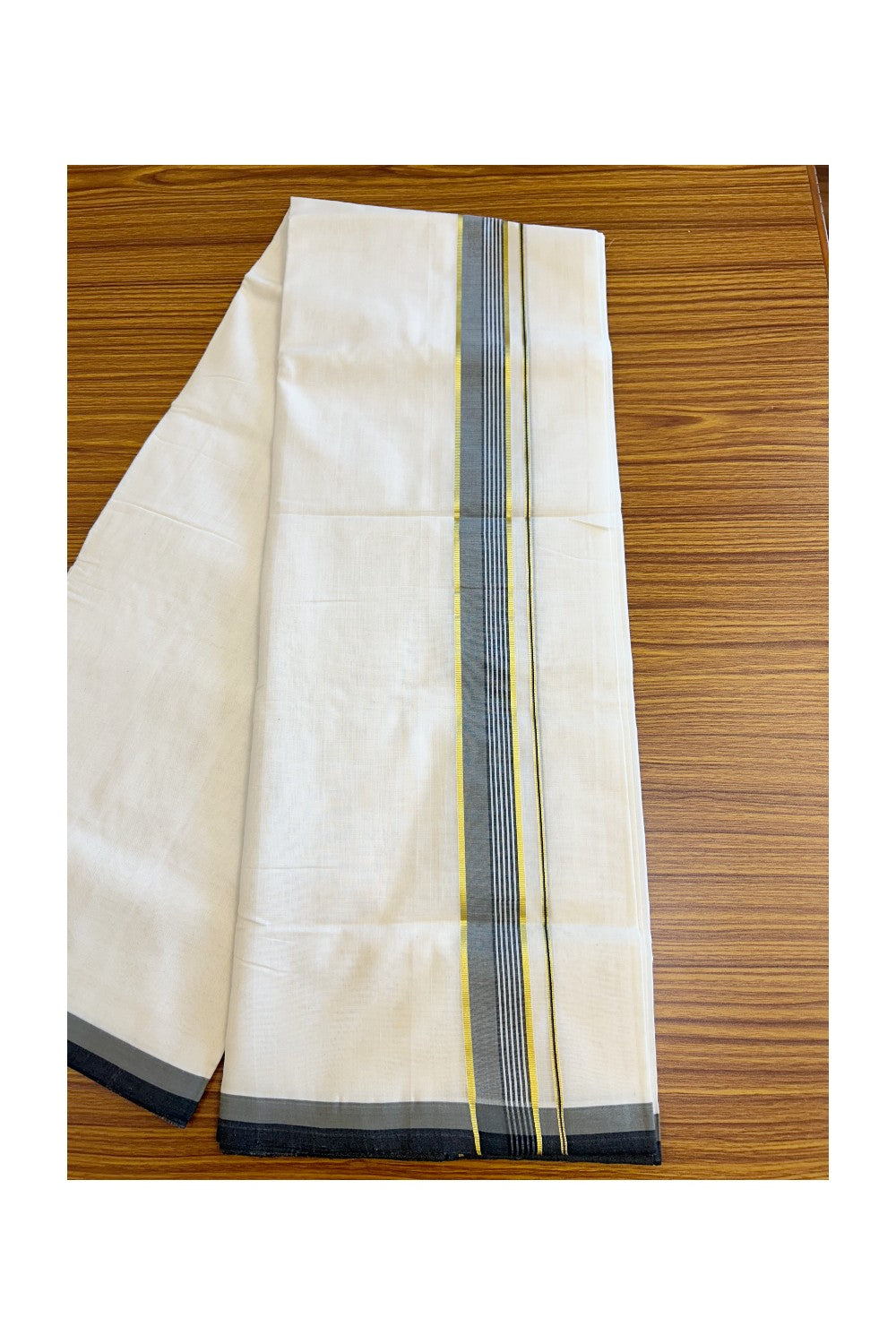 30% Discount KaithariKada HANDLOOM Unakkupaav Balaramapuram - 100% PURE Cotton Off White (Unbleached) Double Mundu/Dhoti - 2 inch Kasavu & Olive Ash Stripes-207