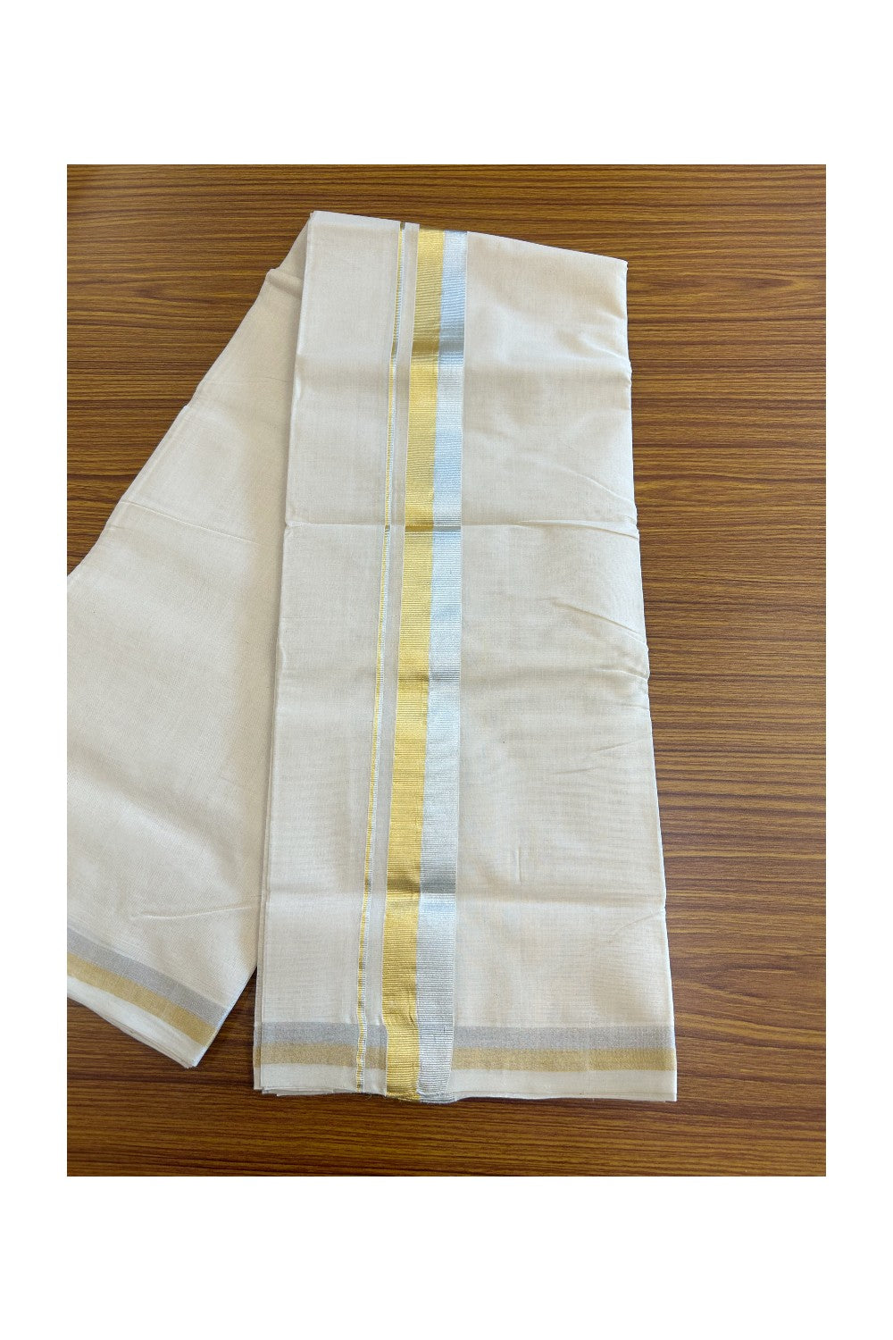 25% DISCOUNT ! KaithariKada HANDLOOM Millpaav Balaramapuram - 100% PURE Cotton Off White - (Unbleached) Double Mundu/Dhoti - 2.25 inch Gold Kasavu & Silver Kasavu Kara - 25KK5105RAM