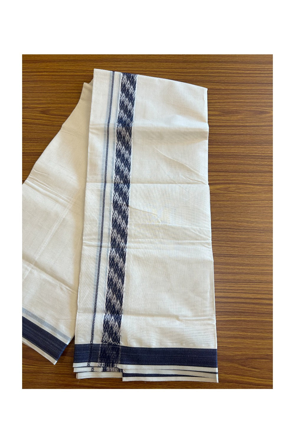 20% DISCOUNT ! KaithariKada Balaramapuram 100% Cotton Double off white (Unbleached) Mundu/Dhoti - 100X90 - 2 inch Silver kasavu & Navy Blue jacquard design kara - 25KK5113PMC