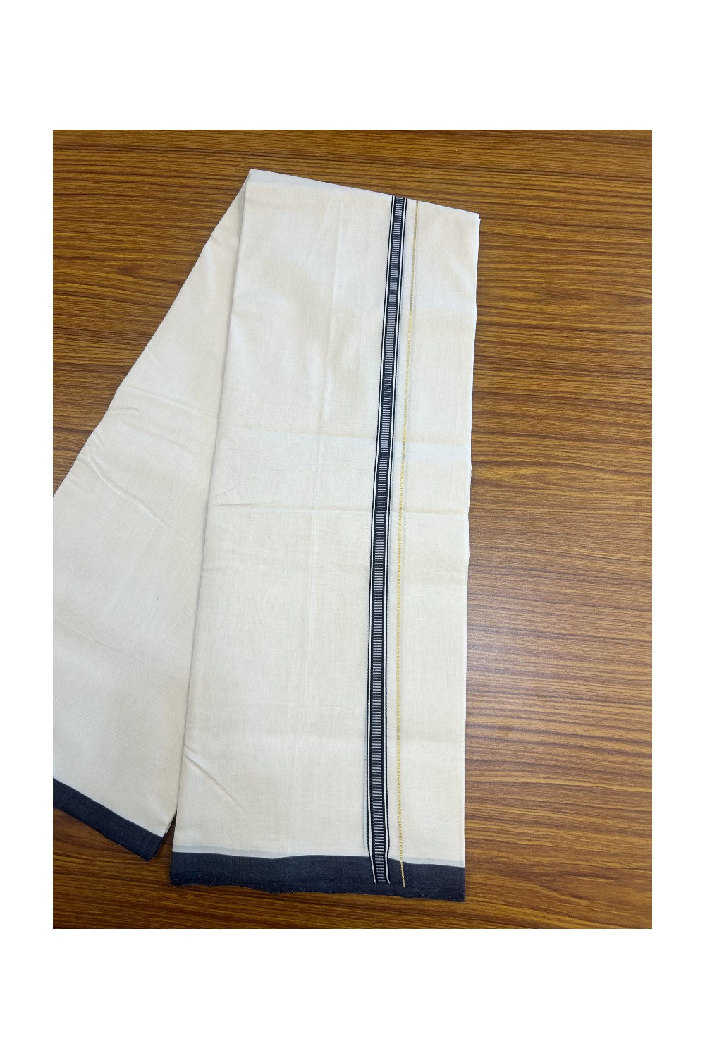 25% DISCOUNT!! KaithariKada HANDLOOM UNAKKUPAAV Balaramapuram - 100% PURE Cotton OFF White - (Unbleached) Double Mundu/Dothi - 100x100 - PURE KASAVU 0.5 inch Navy blue pattern kara 3.80 meter (8.5 Muzham) - 28KK5167REA
